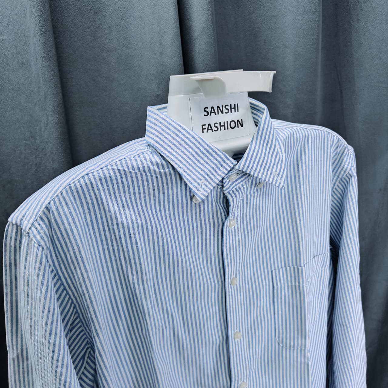 Men's Oxford Shirt - Sky Blue Striped (L) (Oversized Fit)