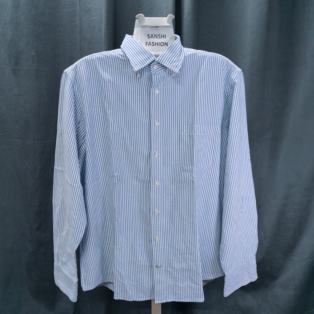 Men's Oxford Shirt - Sky Blue Striped (L) (Oversized Fit)