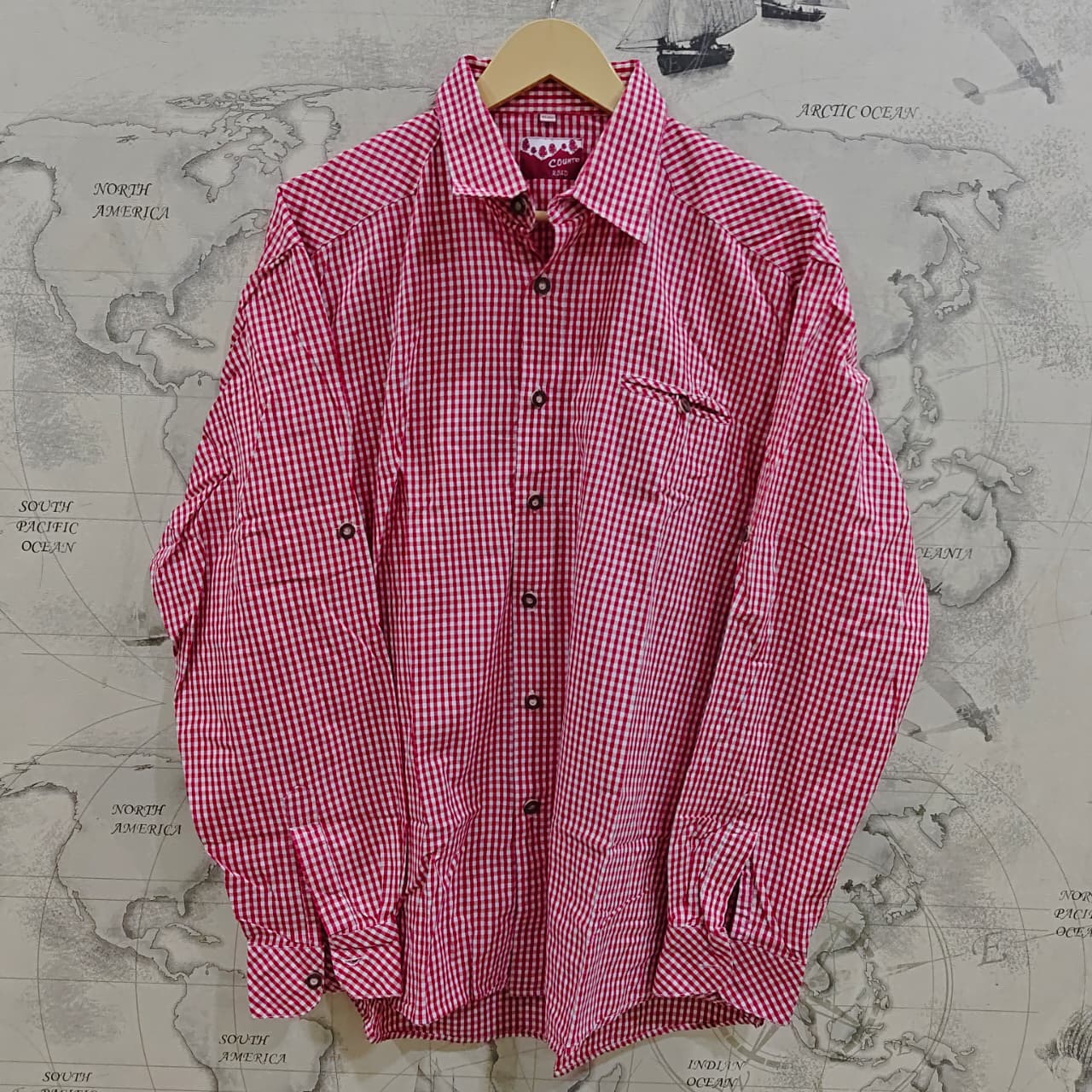 Country Road Men's Shirt - Red/Pink/White Checkered (XL)