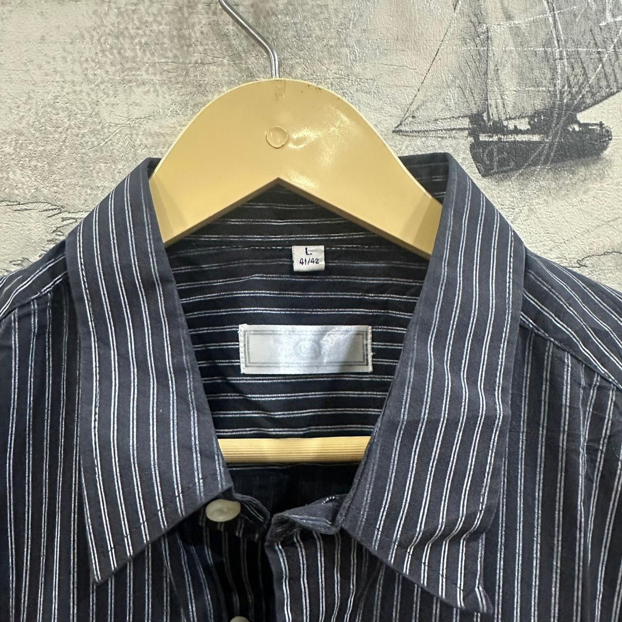 CANDA Men’s Shirt - Black & White Striped  (XL)