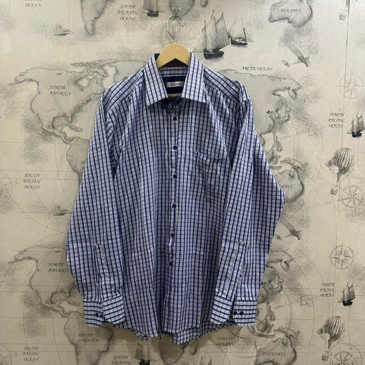 KAMER Men’s Shirt - White & Purple Checkered (L)