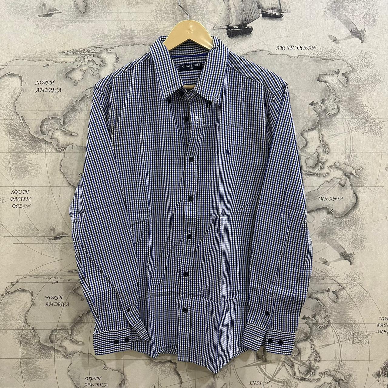 CHASECULT Men’s Korean Shirt - Blue/White/Black Checkered (S)