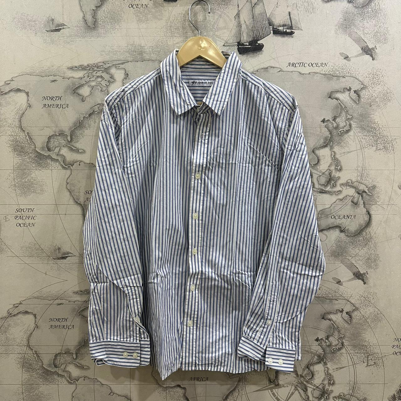 Bangbang Jeans Men’s Korean Shirt - White & Light Blue Striped (M)