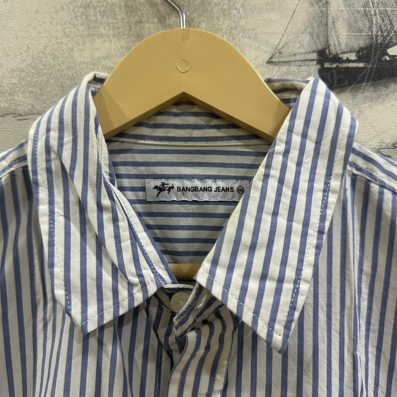 Bangbang Jeans Men’s Korean Shirt - White & Light Blue Striped (M)